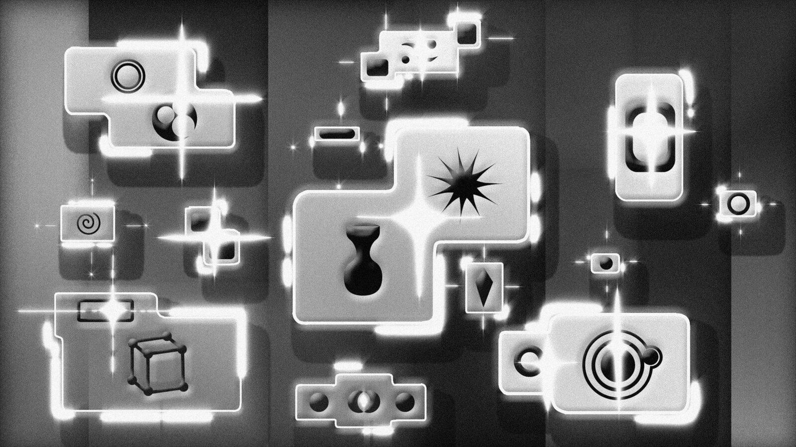 Abstract black-and-white illustration of glowing rounded tiles bearing geometric icons — circles, spirals, cubes, and stars — on a dark background