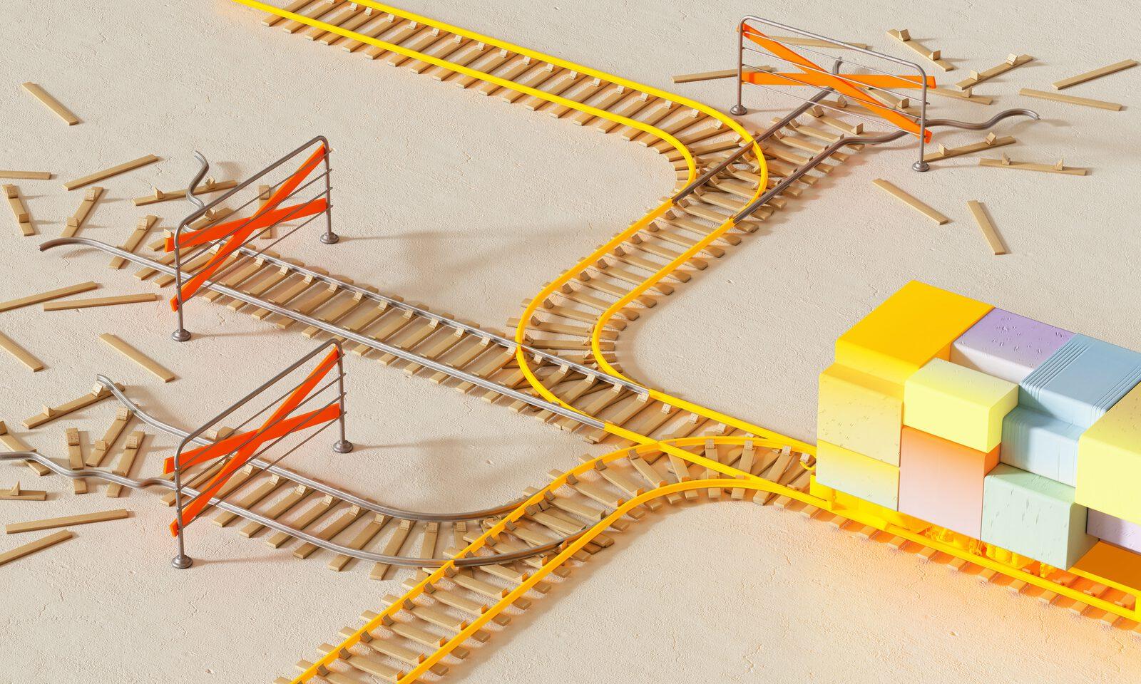 Isometric 3D illustration of railway tracks, some blocked by barriers, with one glowing path routing through to colorful blocks